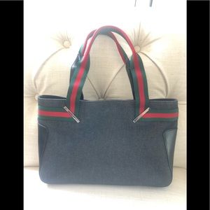 Gucci Denim Tote with Iconic Gucci colored straps
